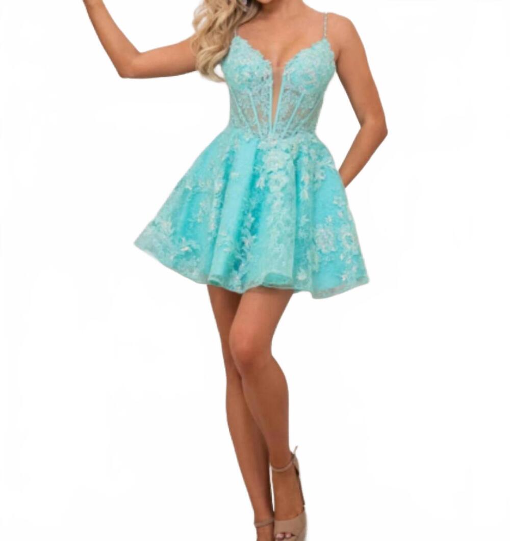 NEW RACHEL ALLAN applique short corset a-line dress in aqua